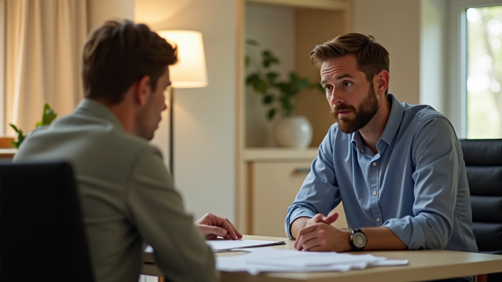 Energieberater und Hausbesitzer besprechen Heizkosten-Sparmaßnahmen an einem Schreibtisch