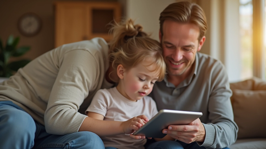 Familie überprüft Energieverbrauch mit Tablet und Energiemessgerät zur Optimierung von Stromkosten