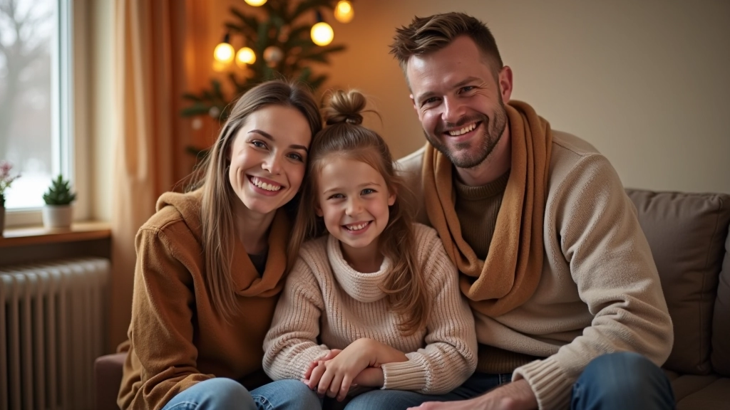 Glückliche Familie in gemütlichem, warmem Wohnzimmer während Winter
