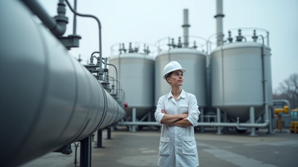 Gasförderstelle mit Rohrsystemen und Speichertanks in industrieller Anlage