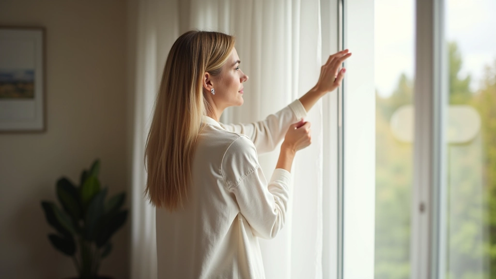 Person öffnet Fenster für Stoßlüftung in modernem Wohnzimmer